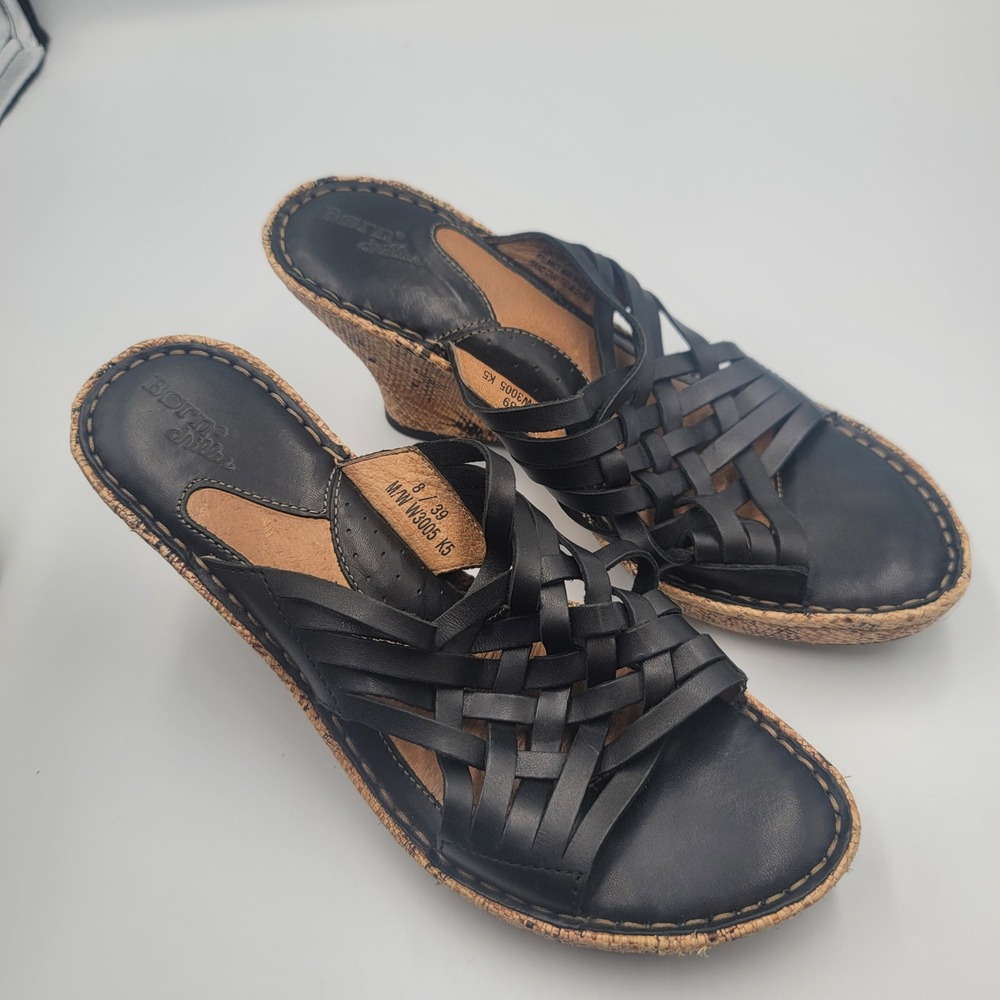 Born 'drilles Black Leather Woven Wedge Espadrilles Sandals Sz 8 Boho artisan
